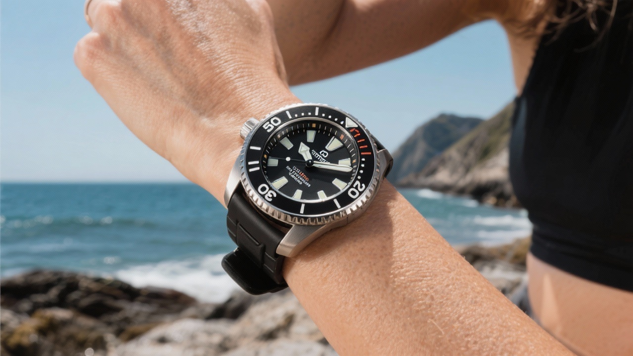 여성 손목에 어울리는 38mm 스포츠 다이버 워치가 해변이나 산악 배경에서 활동적인 라이프스타일을 상징하는 모습