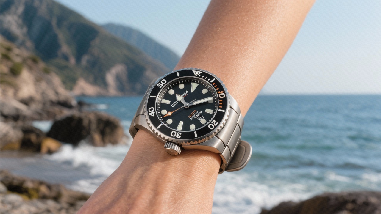 여성 손목에 어울리는 38mm 스포츠 다이버 워치가 해변이나 산악 배경에서 활동적인 라이프스타일을 상징하는 모습