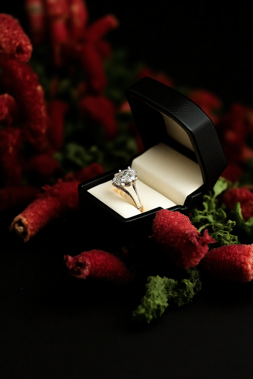 화려한 다이아몬드 약혼 반지가 정교한 필리그리 세공과 큰 중앙 보석을 갖춘 광택 금속 밴드 위에 있는 이미지