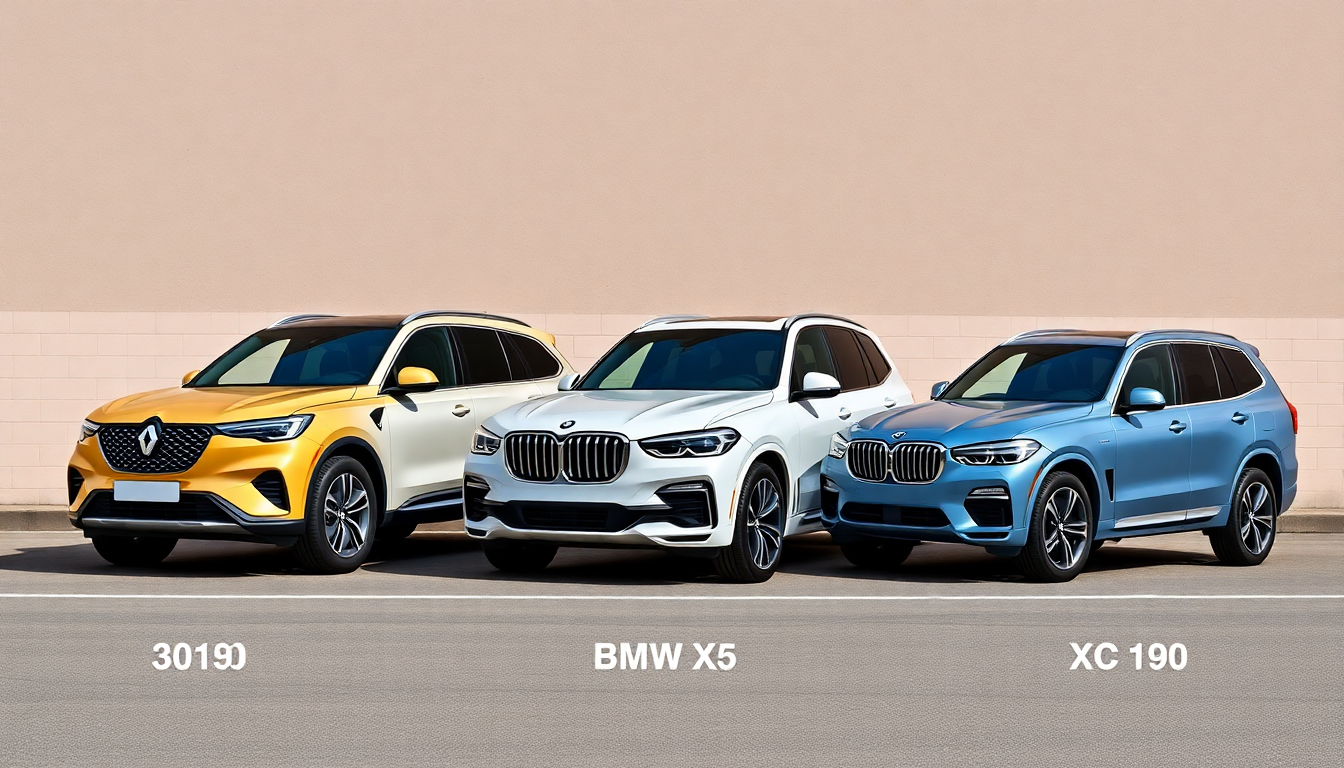 르노 필랑트와 제네시스 GV80, BMW X5, 볼보 XC90의 크기와 디자인을 비교한 실사 이미지