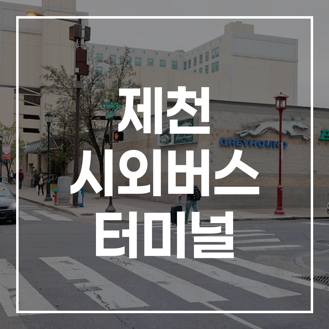 인터시티 버스 터미널의 예약, 시간표, 주차장 및 주변 식당 정보를 보여주는 이미지