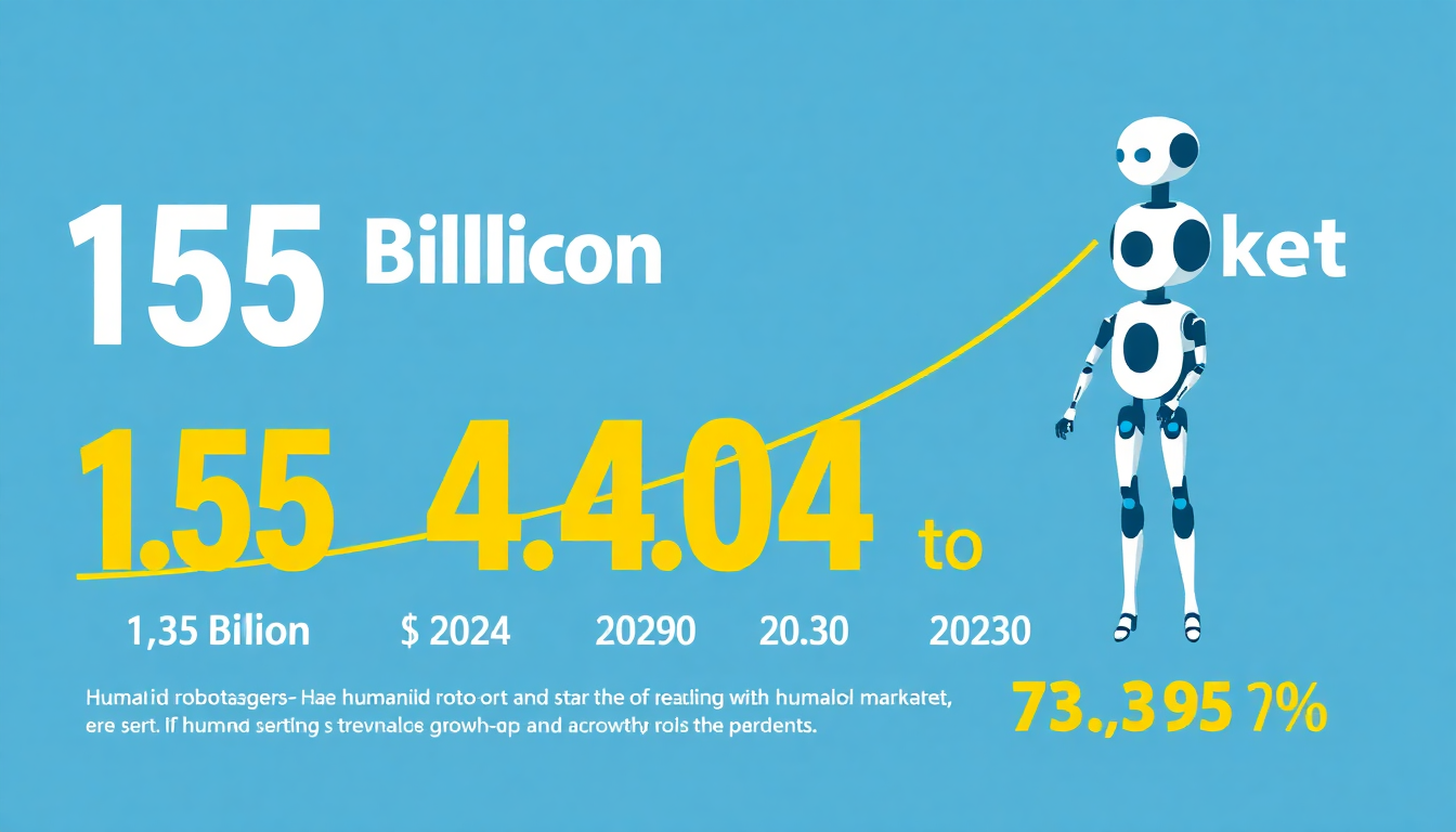 2024년부터 2030년까지 인간형 로봇 시장의 급성장 그래프를 나타낸 인포그래픽 스타일 이미지