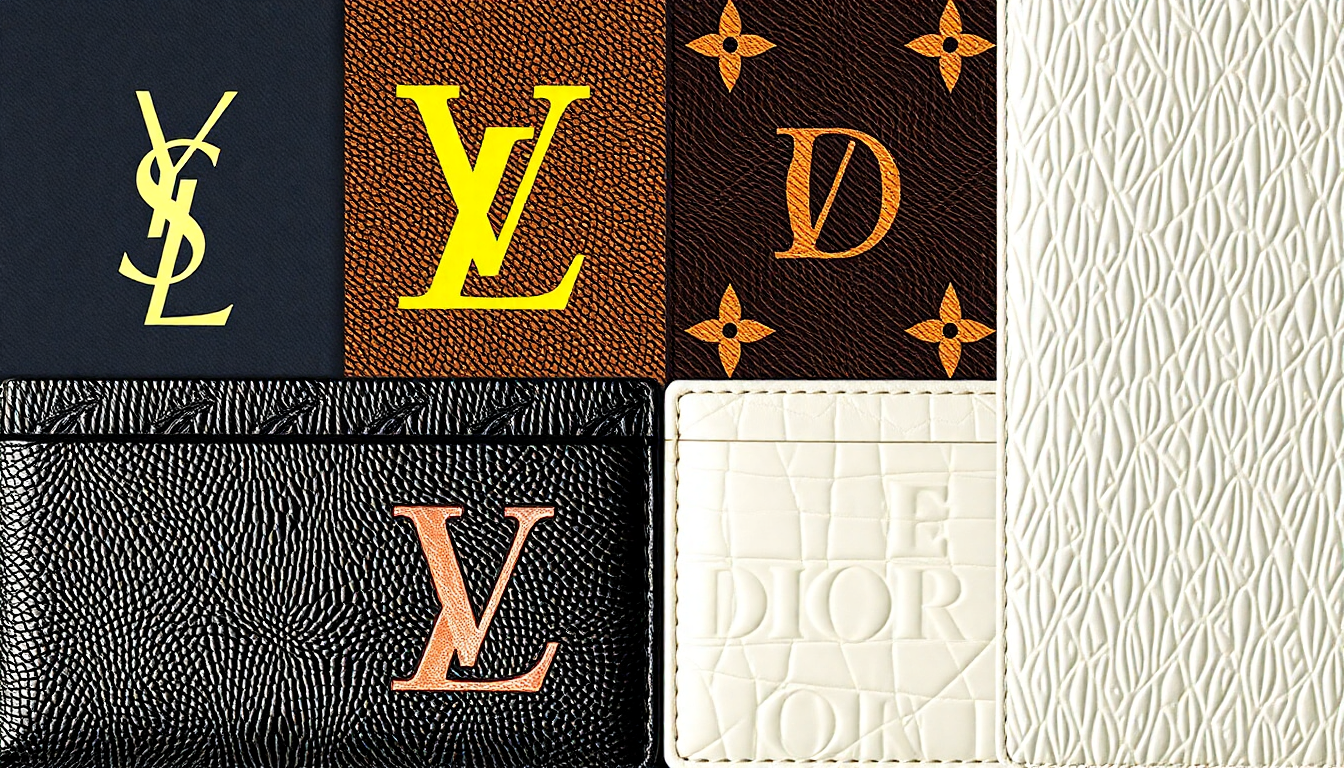YSL 금색 로고, 루이비통 모노그램, 셀린느 트리옹프 엠블럼, 디올 까나쥬 퀼팅 등 명품 카드지갑 브랜드 시그니처를 보여주는 실사 이미지