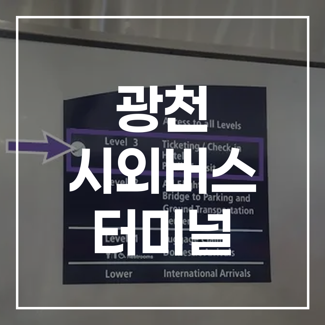 시외버스 터미널의 버스 예매, 시간표 안내, 주변 맛집 및 주차장 정보가 포함된 안내판 이미지