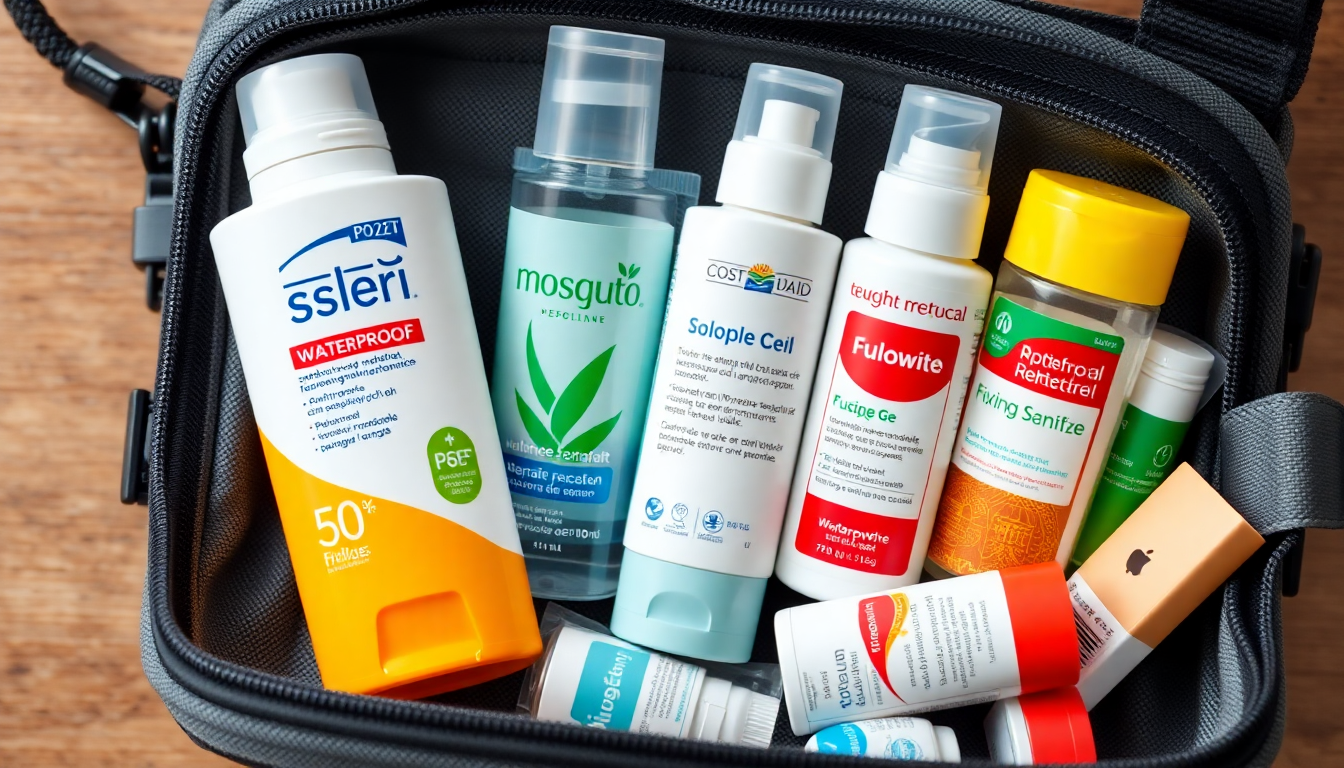 SPF 50+ 자외선 차단제, 모기 기피제, 알로에 수딩젤, 휴대용 손 소독제, 개인 상비약 등이 정리된 여행 위생용품 세트