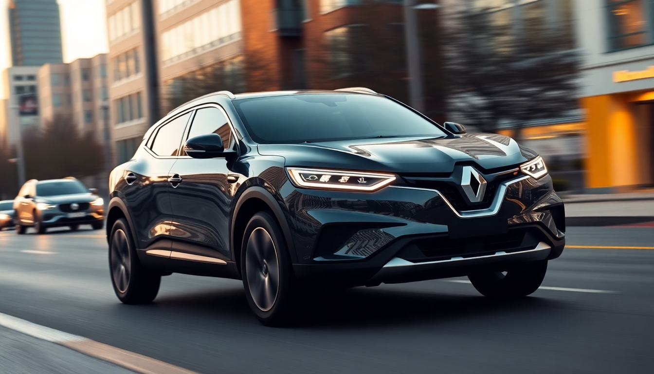 도심 도로를 주행하는 2026 르노 필랑트 쿠페 SUV, 전면부가 빛나는 르노 로고 특징