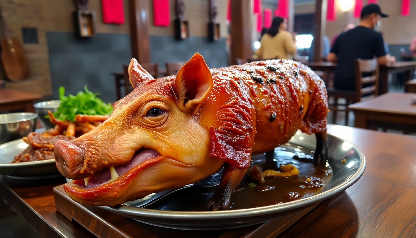 와룽 바비 굴링 이부 오카에서 제공하는 바비굴링 요리와 전통적인 발리식 식당 분위기