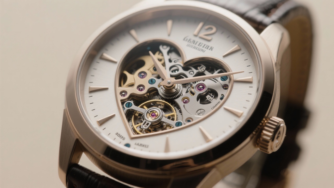 오픈 하트 다이얼로 내부 무브먼트가 보이는 정교한 오토매틱 시계의 세련된 모습