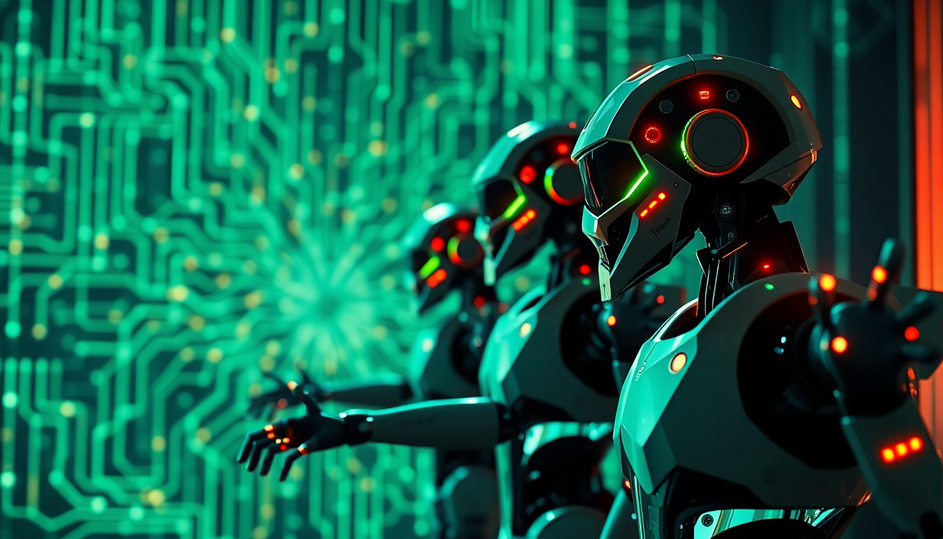 NVIDIA Project GR00T가 AI로 여러 로봇을 제어하는 모습을 담은 미래지향적 신경망 시각화가 배경인 실사 이미지