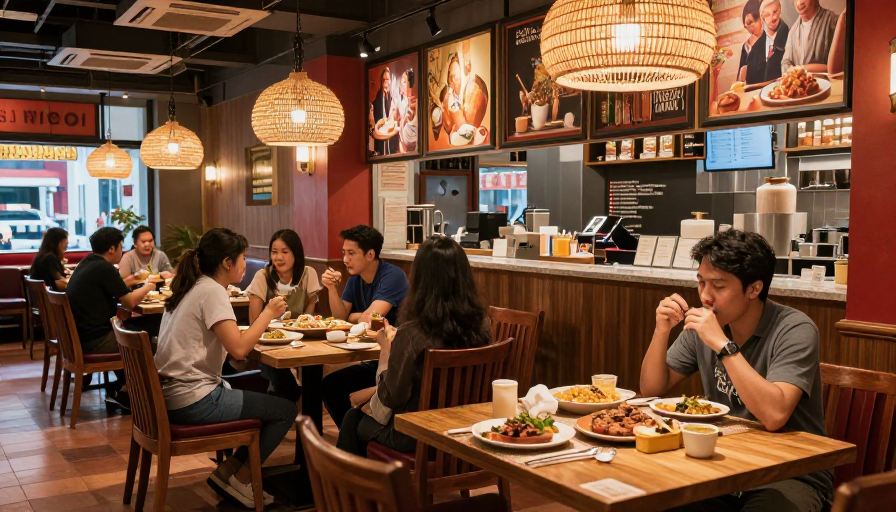 도시 간 버스 터미널 근처의 다양한 지역 음식점들, 맛집과 음식 메뉴가 있는 장면