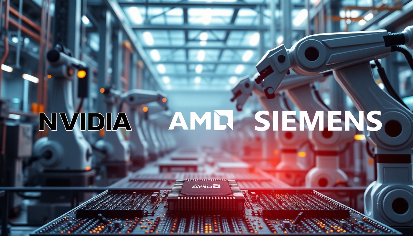 NVIDIA, AMD, 지멘스 등 주요 기업들의 피지컬 AI 반도체 시장 경쟁과 혁신 상징 이미지