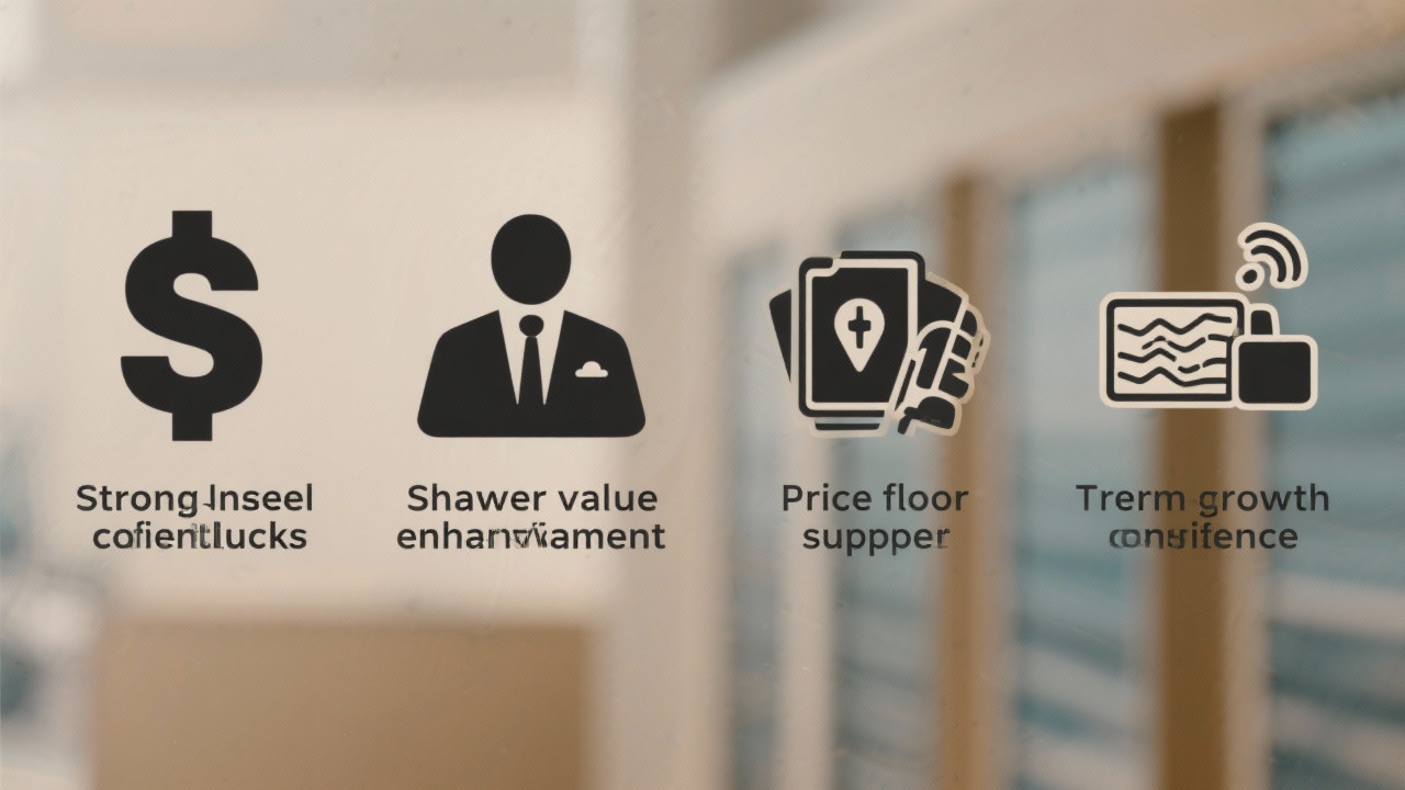 경영진 주식 매입이 보내는 네 가지 긍정적 시그널을 상징하는 아이콘과 비유적인 이미지