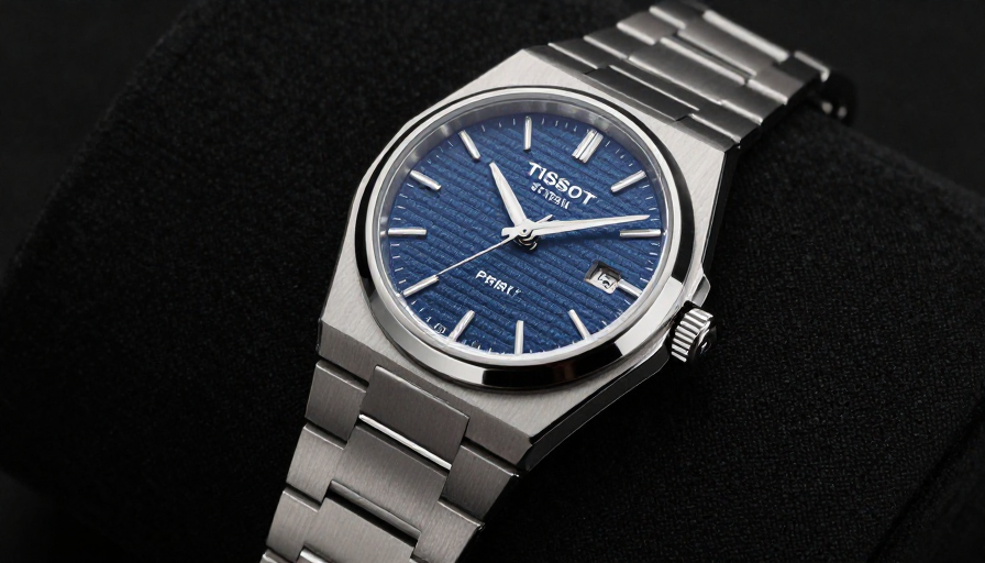 티쏘 PRX 파워매틱 80 시계가 세련된 배경 위에 놓여 있는 모습