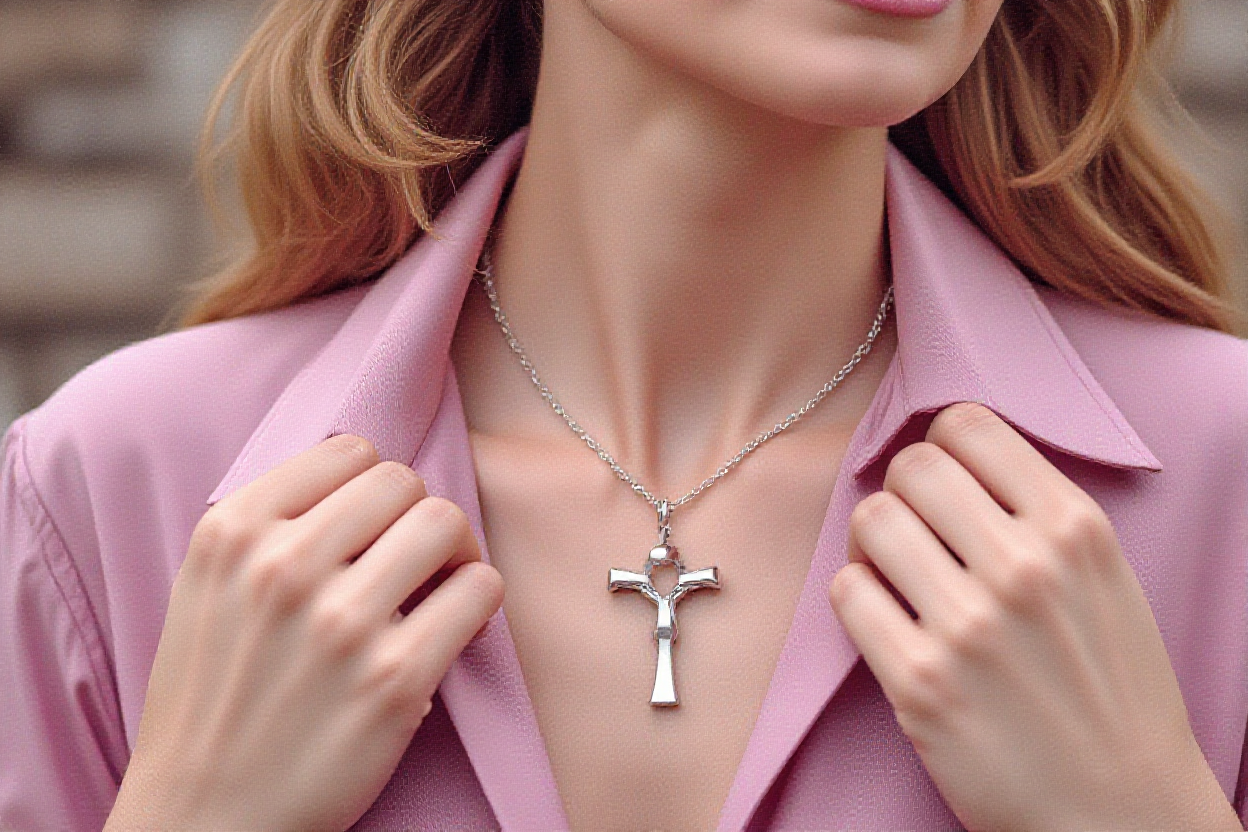 스타일리시한 중장년 여성이 티파니 T 스마일 펜던트 목걸이를 착용한 모습