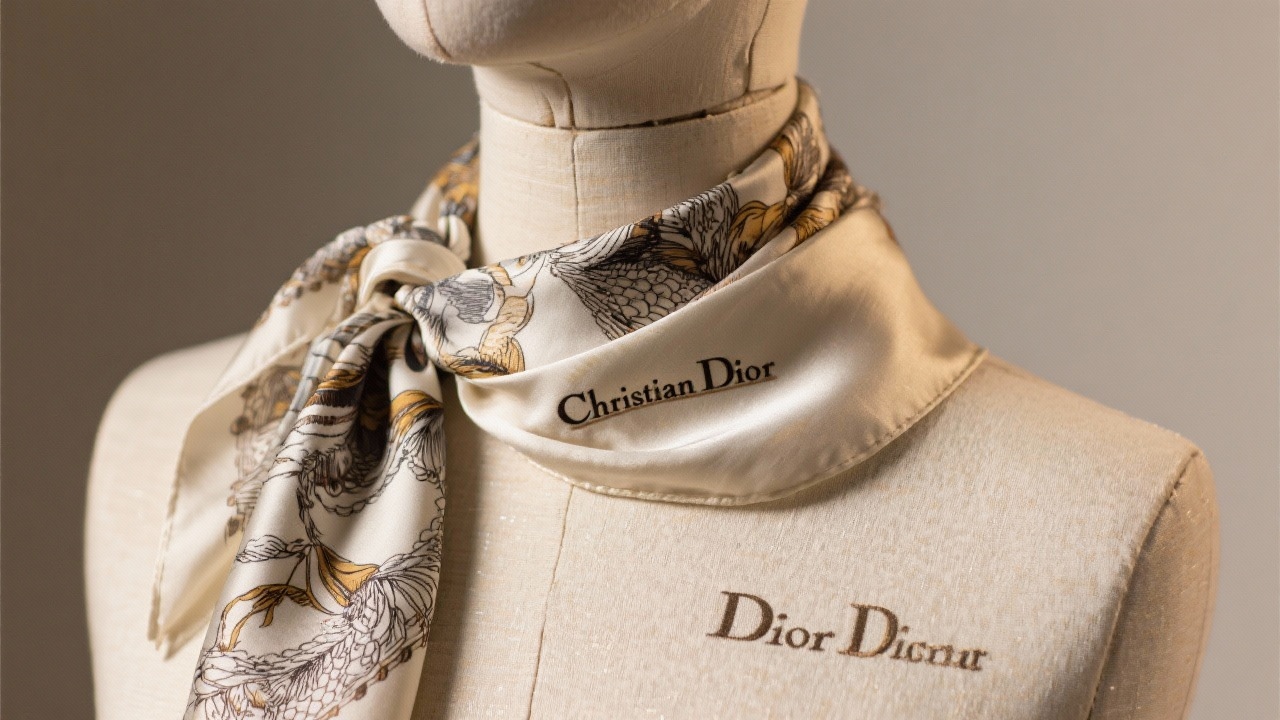디올 미차 스카프의 부드러운 실크 소재와 정교한 프린트 클로즈업