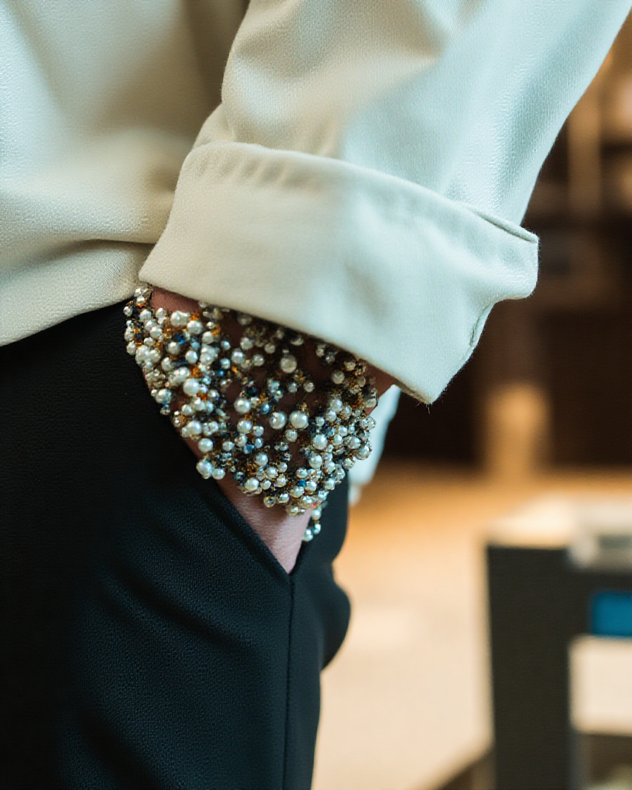 결혼식 하객룩에 어울리는 진주 귀걸이, 얇은 골드 체인 목걸이, 베이지 미니 토트백, 누드 색상의 5~7cm 굽 펌프스 신발 클로즈업 사진