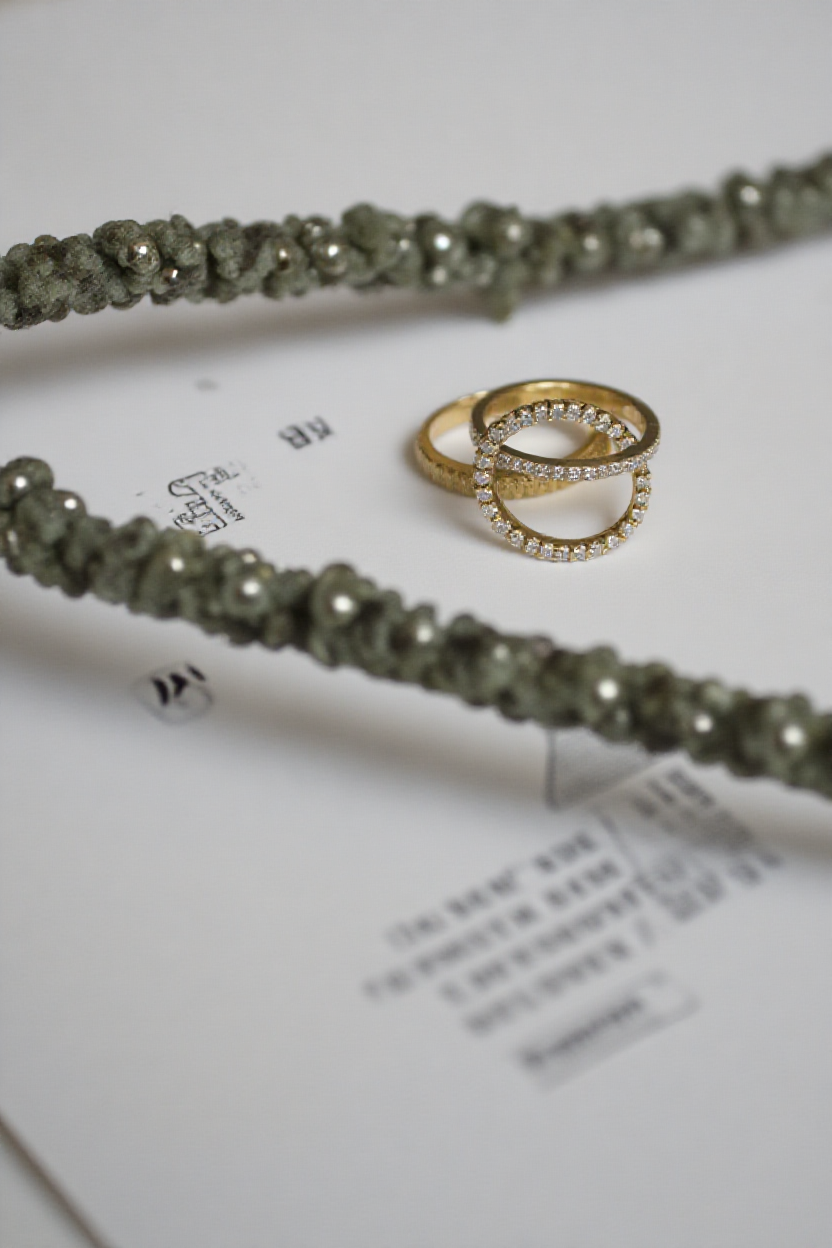 14K와 18K 골드 커플링이 가격 태그와 함께 진열된 주얼리 매장 디스플레이