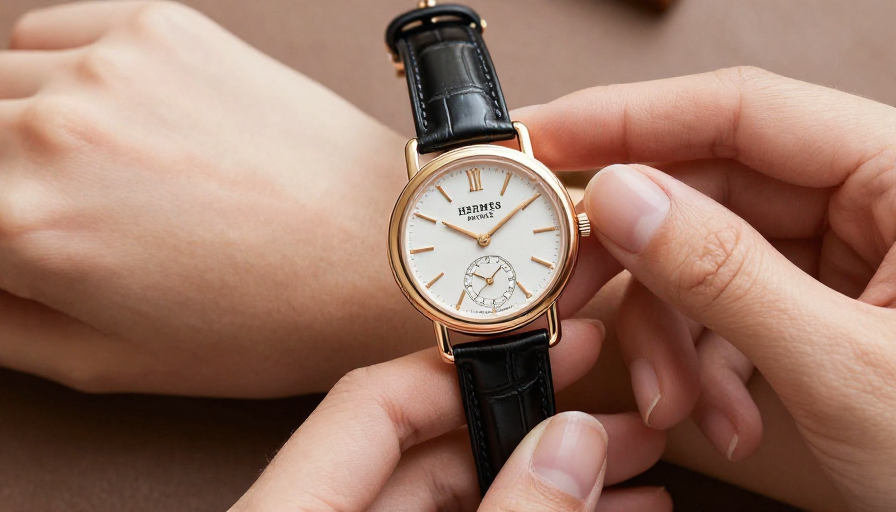 샤넬의 클래식한 여성 시계가 손목에 착용된 모습