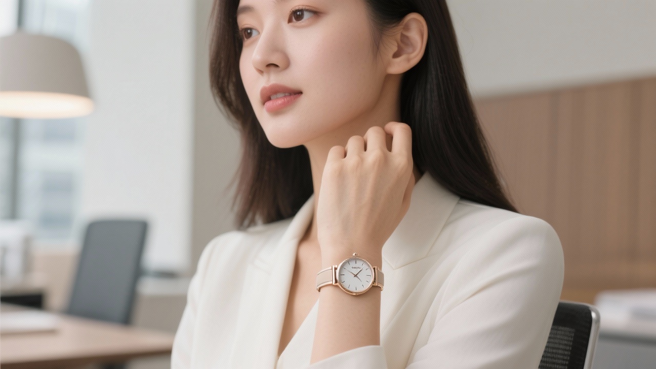 여성의 손목에 착용된 얇고 우아한 클래식 드레스 워치의 착용감과 고급스러운 분위기를 표현한 이미지