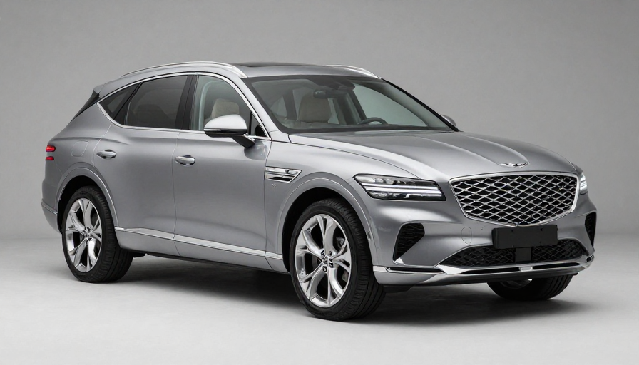 2022 제네시스 GV70 럭셔리 SUV 외관의 고해상도 이미지, 우아하고 강인한 디자인을 자랑함