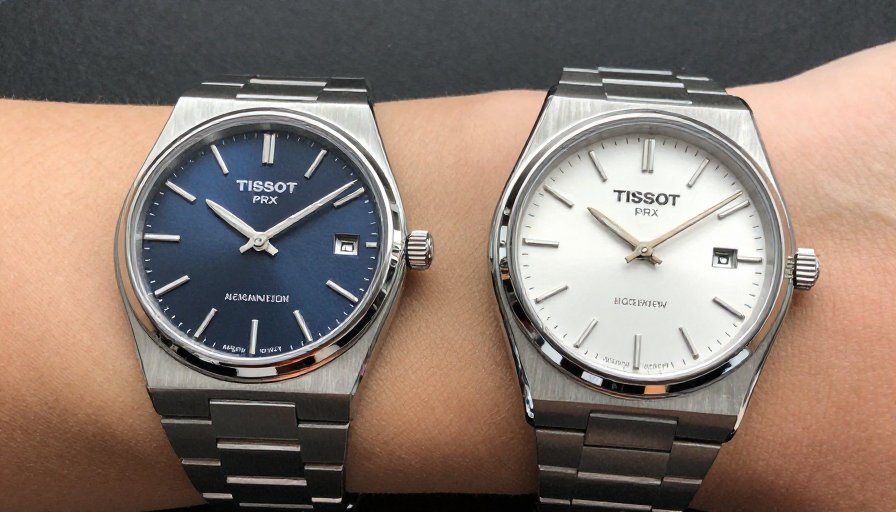 티쏘 PRX 커플 시계가 나란히 놓여 있는 모습, 하나는 그린 다이얼, 다른 하나는 블루 다이얼이다.