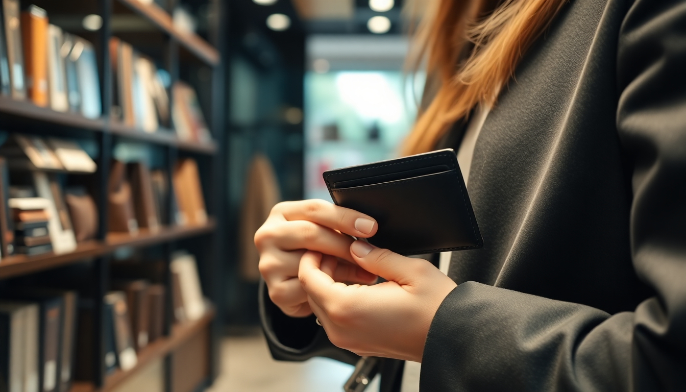 명품 매장에서 신중하게 카드지갑을 고르는 소비자의 모습, 고급스러운 분위기와 세밀한 표현