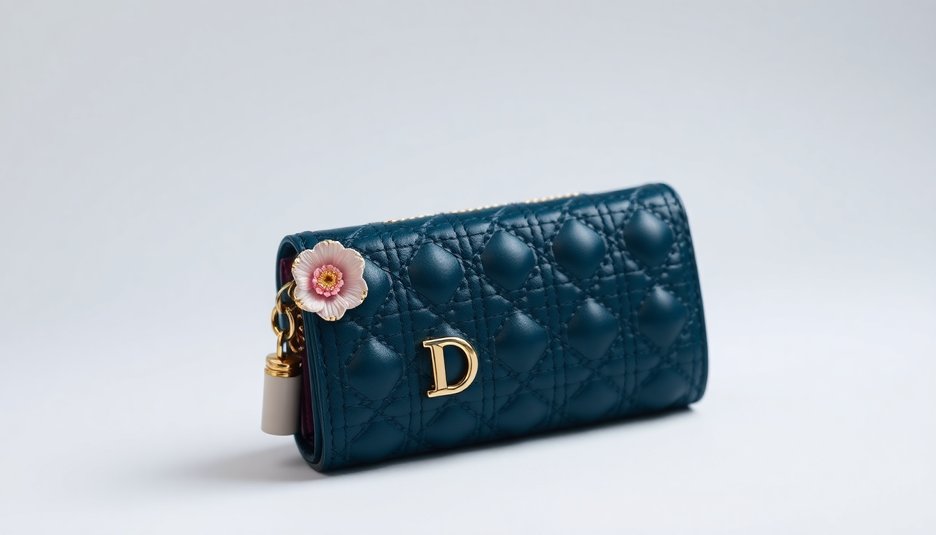 디올 레이디 디올 가드니아 미니 지갑의 정교한 퀼팅과 참장식을 강조한 우아한 이미지