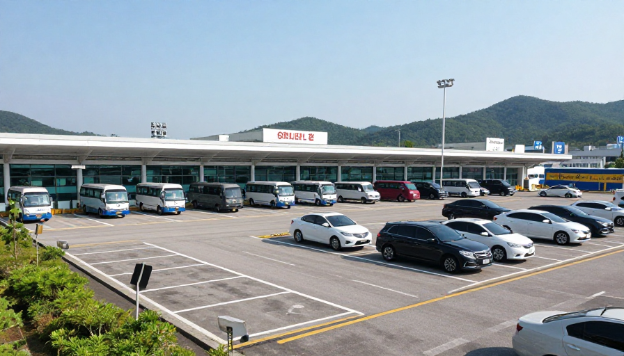 한국 시외버스터미널 주차장 전경과 안내 표지판이 있는 모습