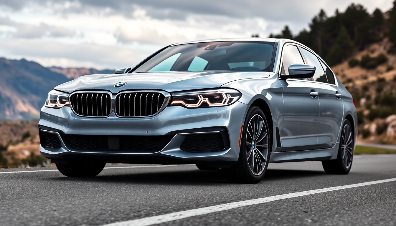 2026년형 BMW 5시리즈 실차, 웅장한 키드니 그릴과 L자형 주간주행등, 역동적인 차체가 도로 위에 서 있는 모습