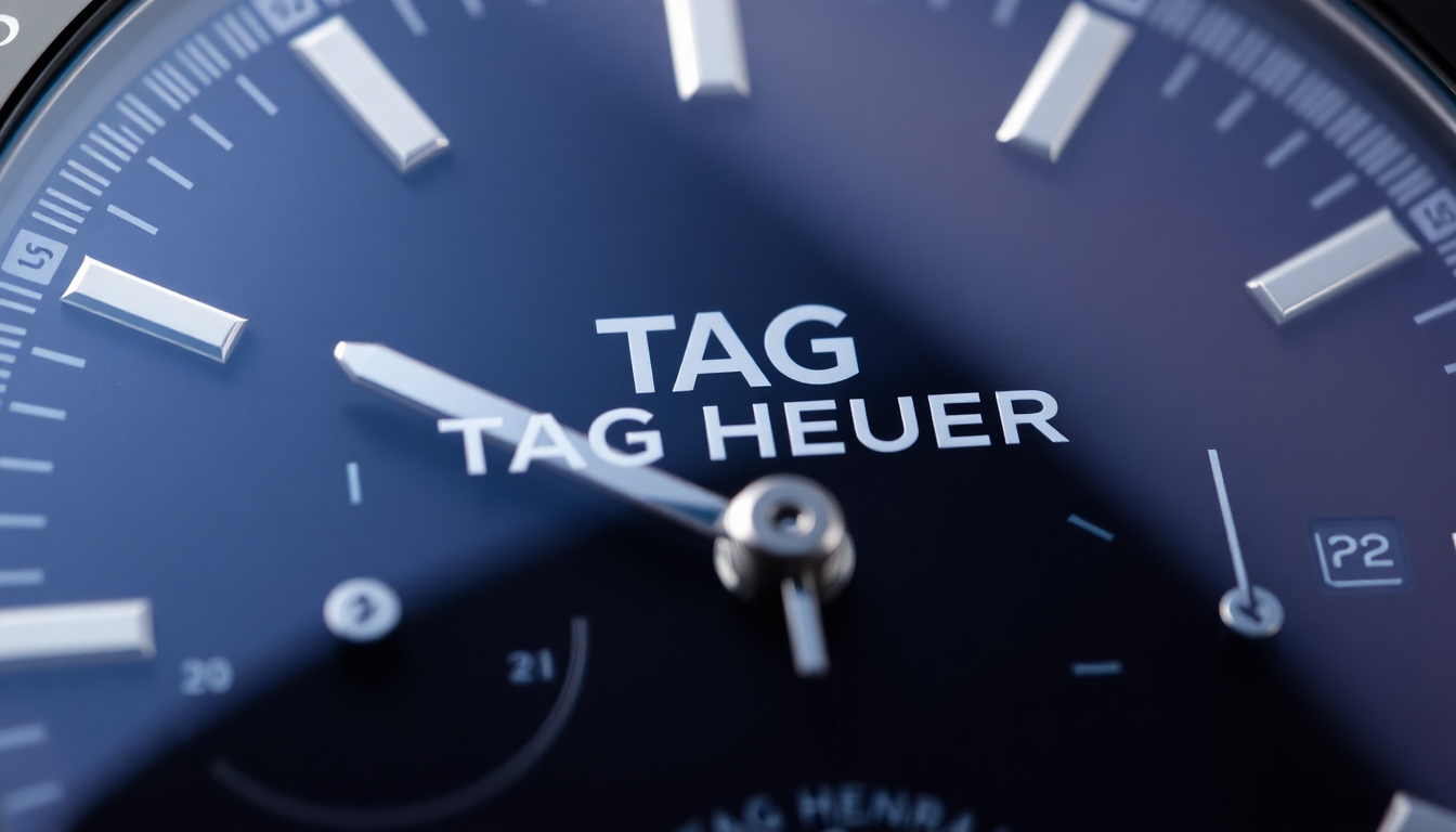 태그호이어 까레라 시계 다이얼의 입체적이고 선명한 로고 클로즈업 사진