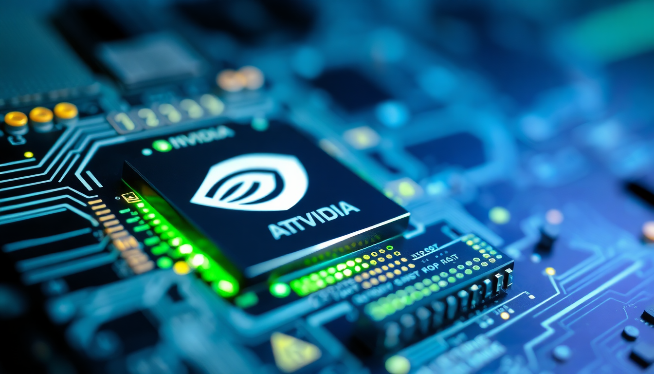 엔비디아 GPU 칩과 미래지향적 AI 인터페이스가 함께 보여지는 이미지