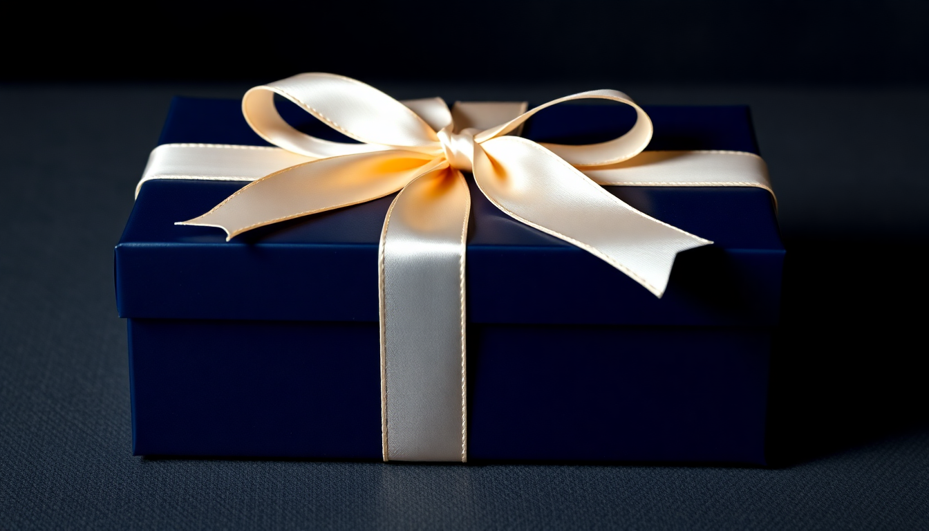 명품 카드지갑을 위한 고급스러운 선물 포장 이미지, 우아한 상자와 새틴 리본 포함