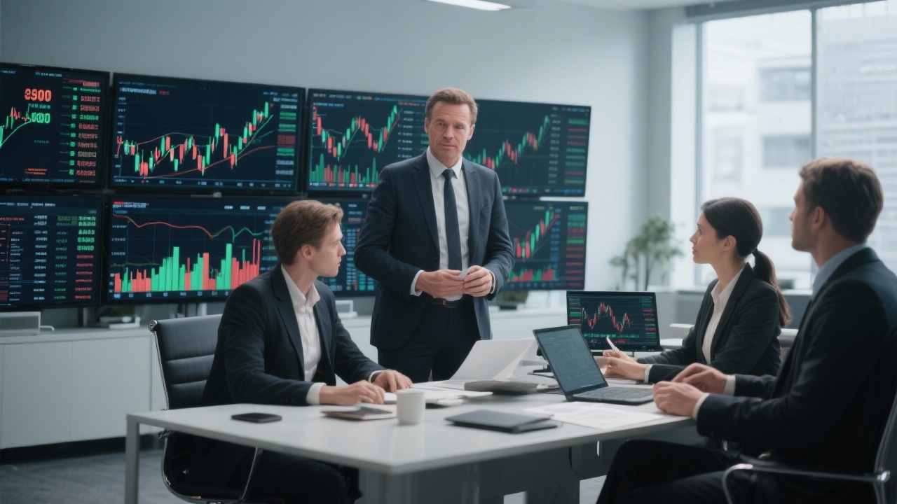 조이웍스앤코 대표이사와 임원들이 주식 매입과 책임 경영을 상징하는 현대식 사무실에서 주식 시장 데이터를 검토하는 모습