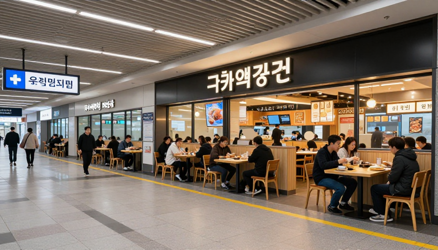 한국 시외버스터미널 주변의 맛집 거리 전경과 간판들