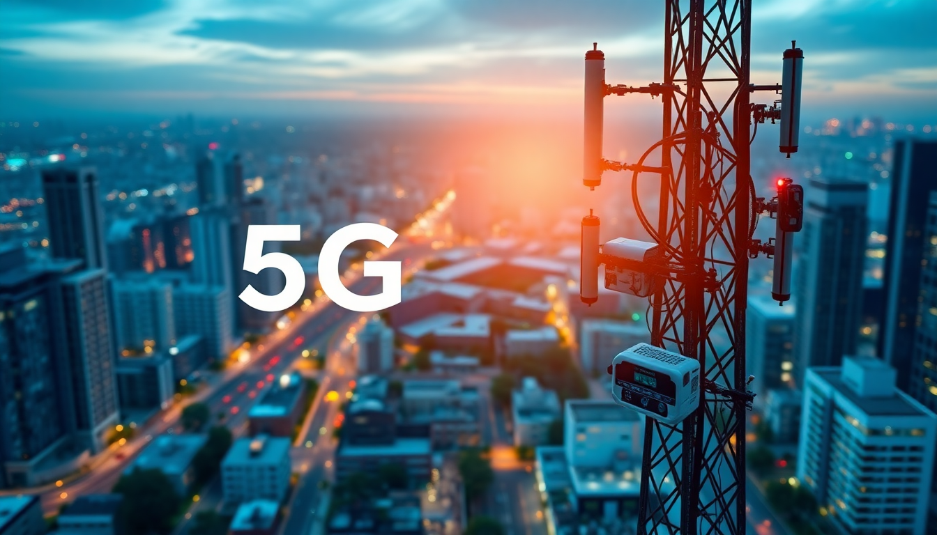 5G 6G 통신 기지국과 스마트 팩토리, 스마트 홈, 원격 의료 등 다양한 IoT 기기와 엣지 컴퓨팅 환경을 보여주는 도시 배경