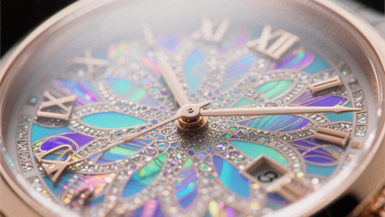 칵테일에서 영감을 받은 화려한 패턴과 빛 반사가 돋보이는 고해상도 명품 시계 다이얼 클로즈업 이미지