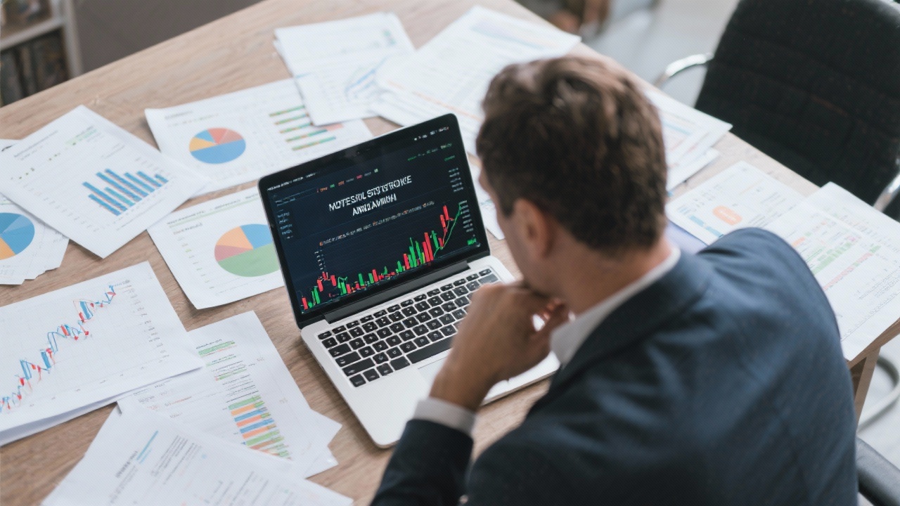 투자자가 노트북과 재무 자료를 보며 경영진 주식 매입 공시를 분석하는 모습