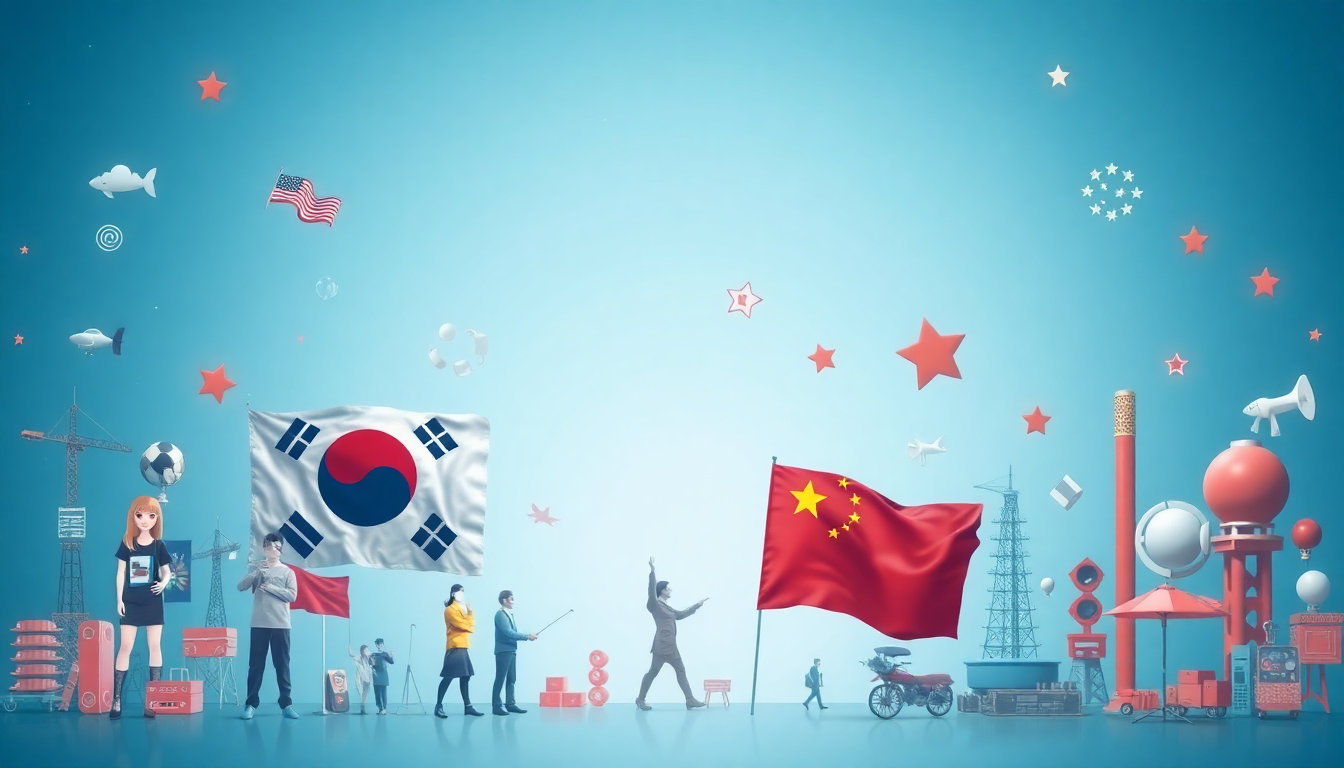 한한령으로 인해 문화 콘텐츠 산업에서 발생한 한국과 중국 간 경제적 장벽을 상징하는 이미지