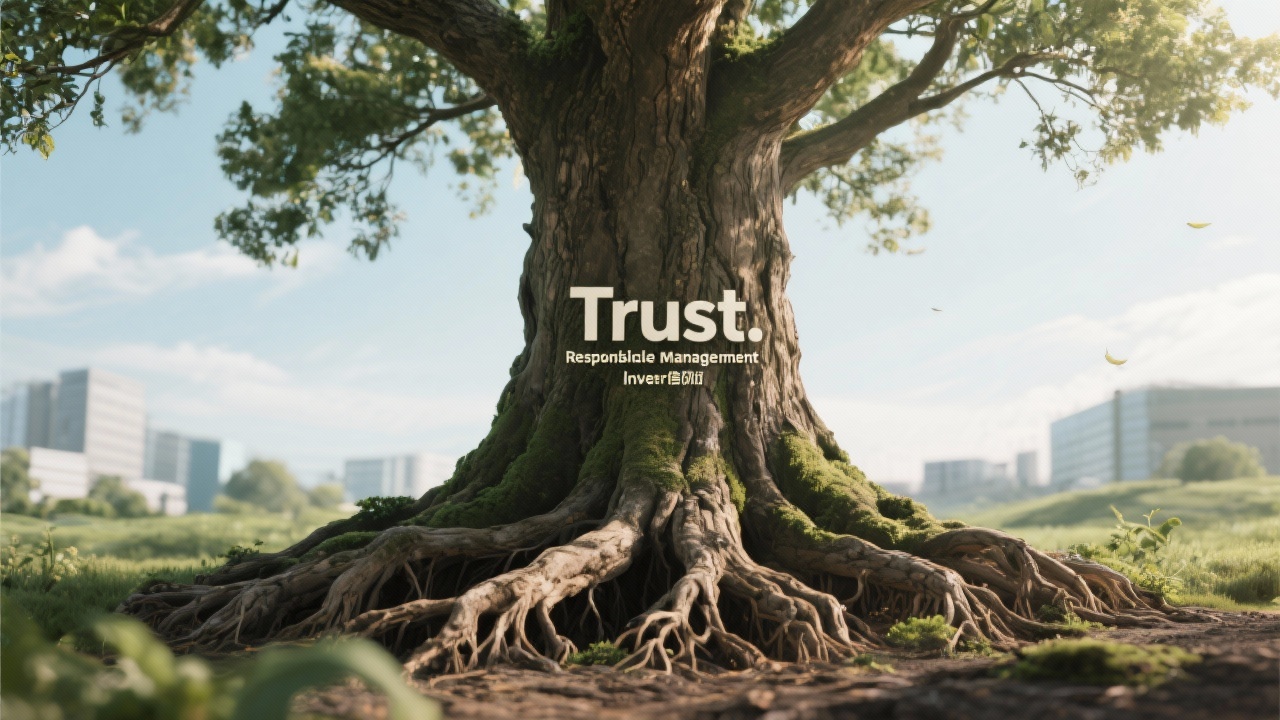 신뢰와 책임 경영이라는 뿌리를 가진 강하고 큰 나무로 장기 성장을 상징하는 이미지