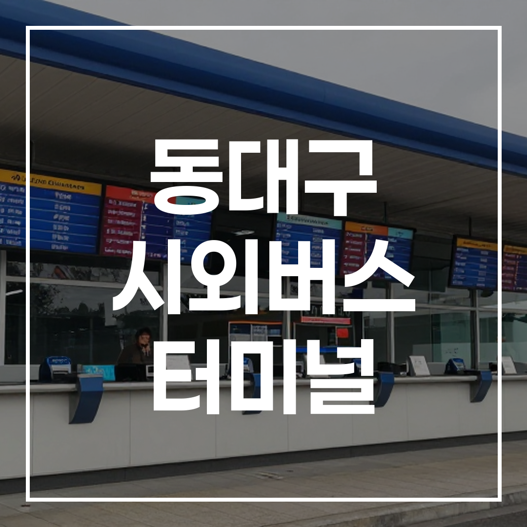 시외버스 터미널 외부 전경과 예매 카운터, 버스 시간표가 보이는 모습