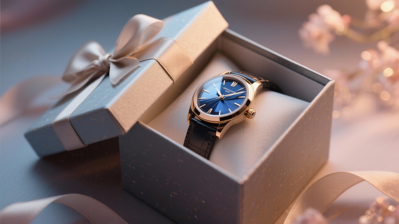 고급스러운 포장 상자에 담긴 명품 시계 선물의 특별하고 로맨틱한 순간을 표현한 이미지