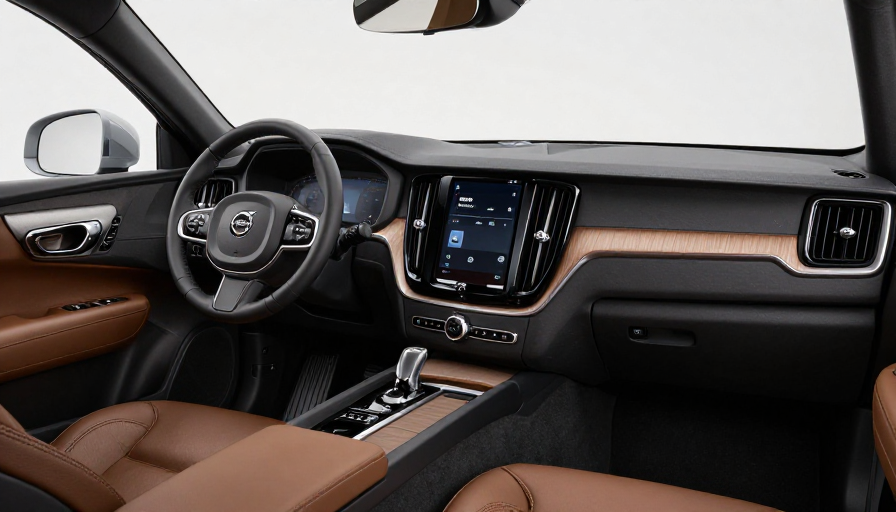 Volvo EX60 차량의 내부 인테리어 상세 이미지, 고급스러운 실내 디자인과 대시보드