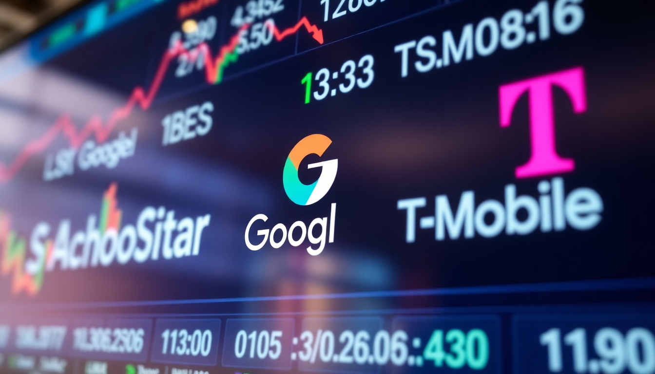 스페이스X와 관련된 에코스타, 구글, T-Mobile 주가 변동 모습