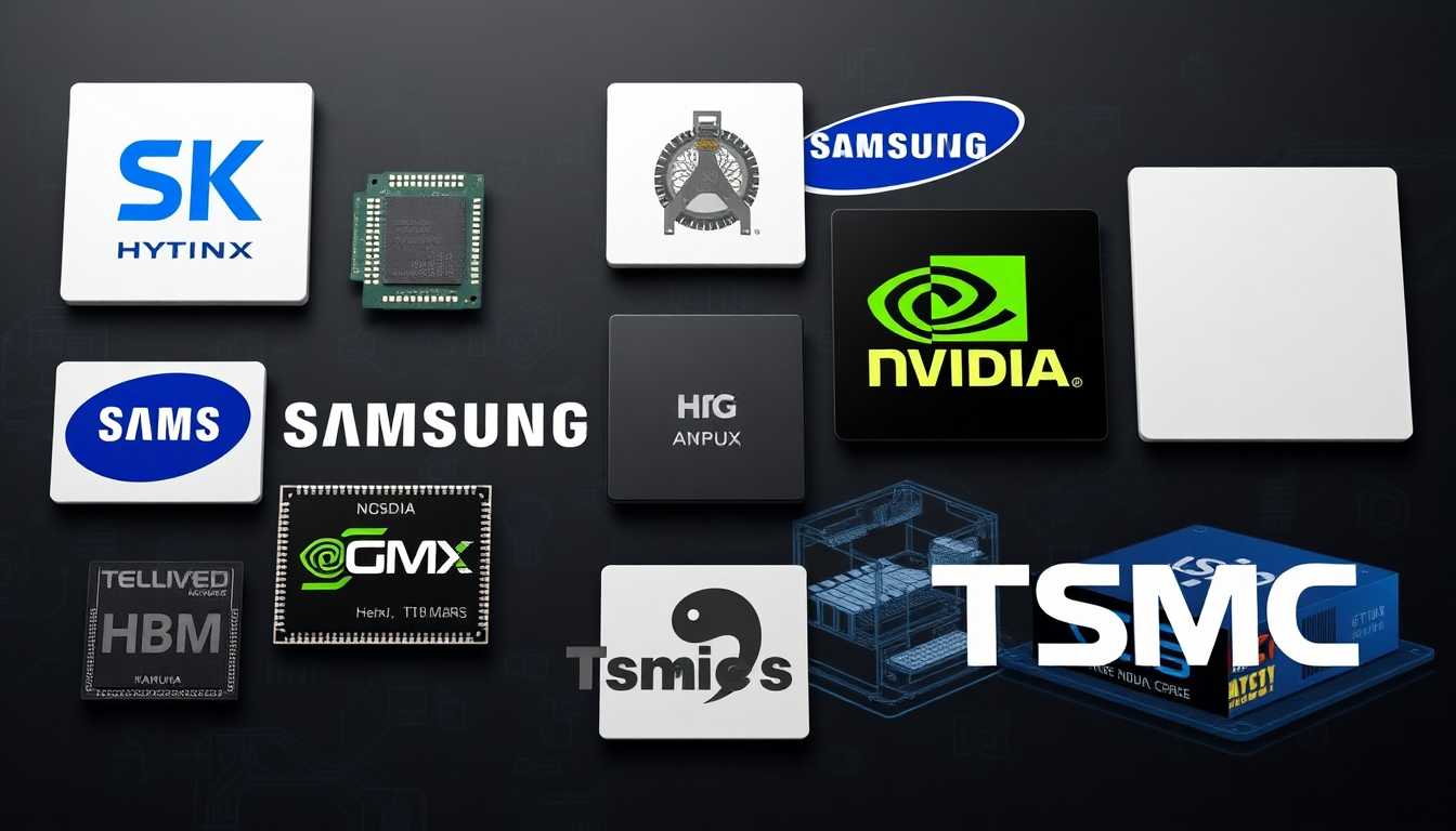 SK하이닉스 HBM 메모리 칩, 삼성 반도체 웨이퍼, 엔비디아 AI GPU, TSMC 반도체 공장 등 주요 반도체 기업과 제품의 콜라주 이미지