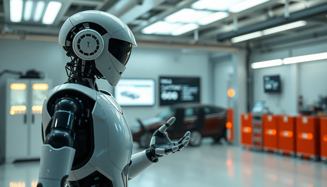 현실 세계 데이터를 활용해 훈련받는 Tesla Optimus 휴머노이드 로봇의 미래형 실험실 배경 실사 이미지