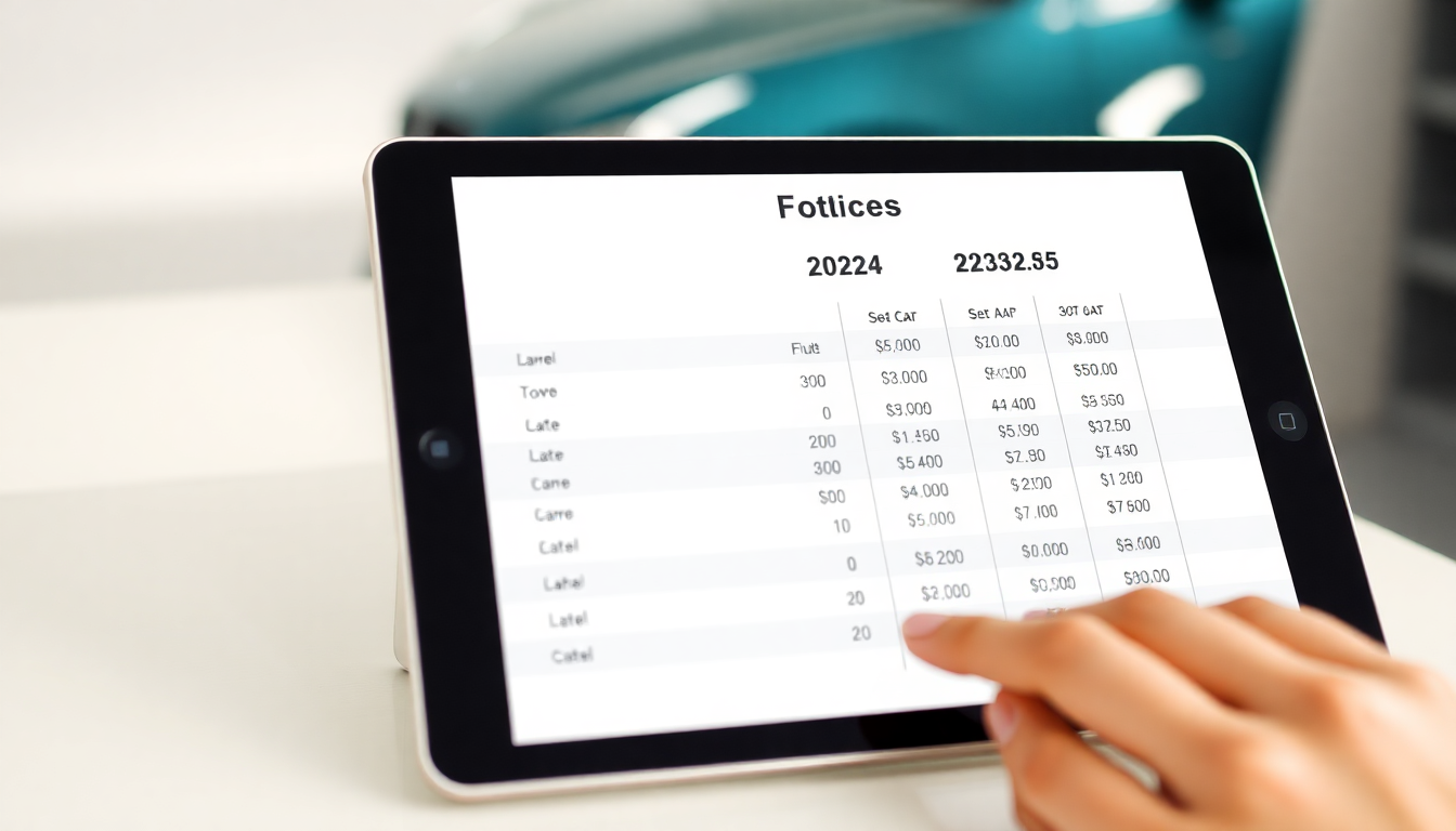 2024년부터 2026년까지 중고차 가격 변동을 시각적으로 나타낸 가격 비교 그래프가 담긴 디지털 태블릿 이미지