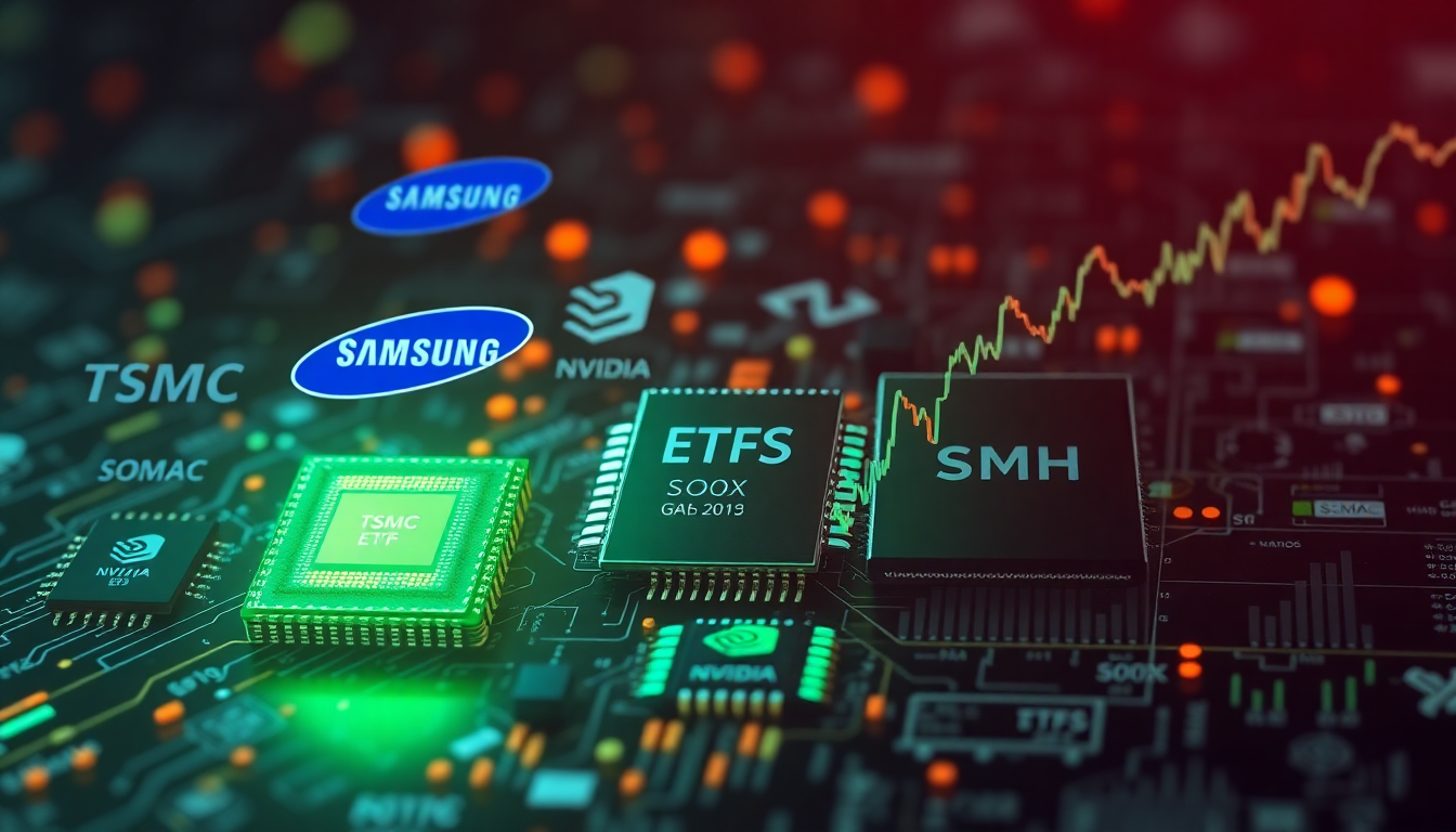 TSMC, 삼성전자, 엔비디아, SOXX, SMH 등 다양한 반도체 기업과 ETF를 표현한 투자 포트폴리오 콘셉트 이미지