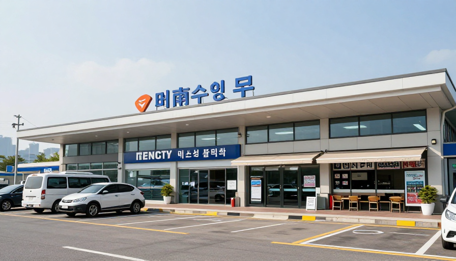 한국 시외버스 터미널 외부 전경, 주변에 주차장과 맛집이 보이는 모습