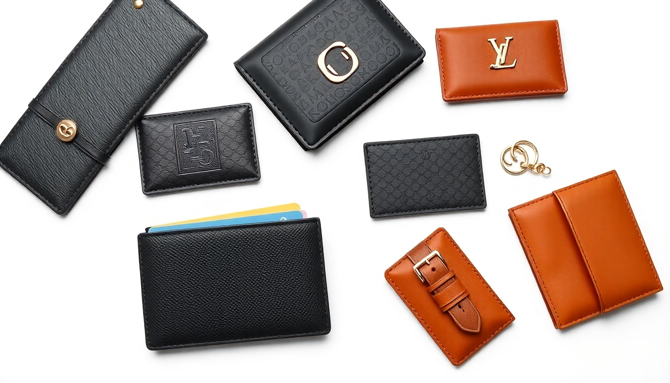 다양한 명품 카드지갑들이 흰색 배경에 깔끔하게 배치된 고화질 실사 사진