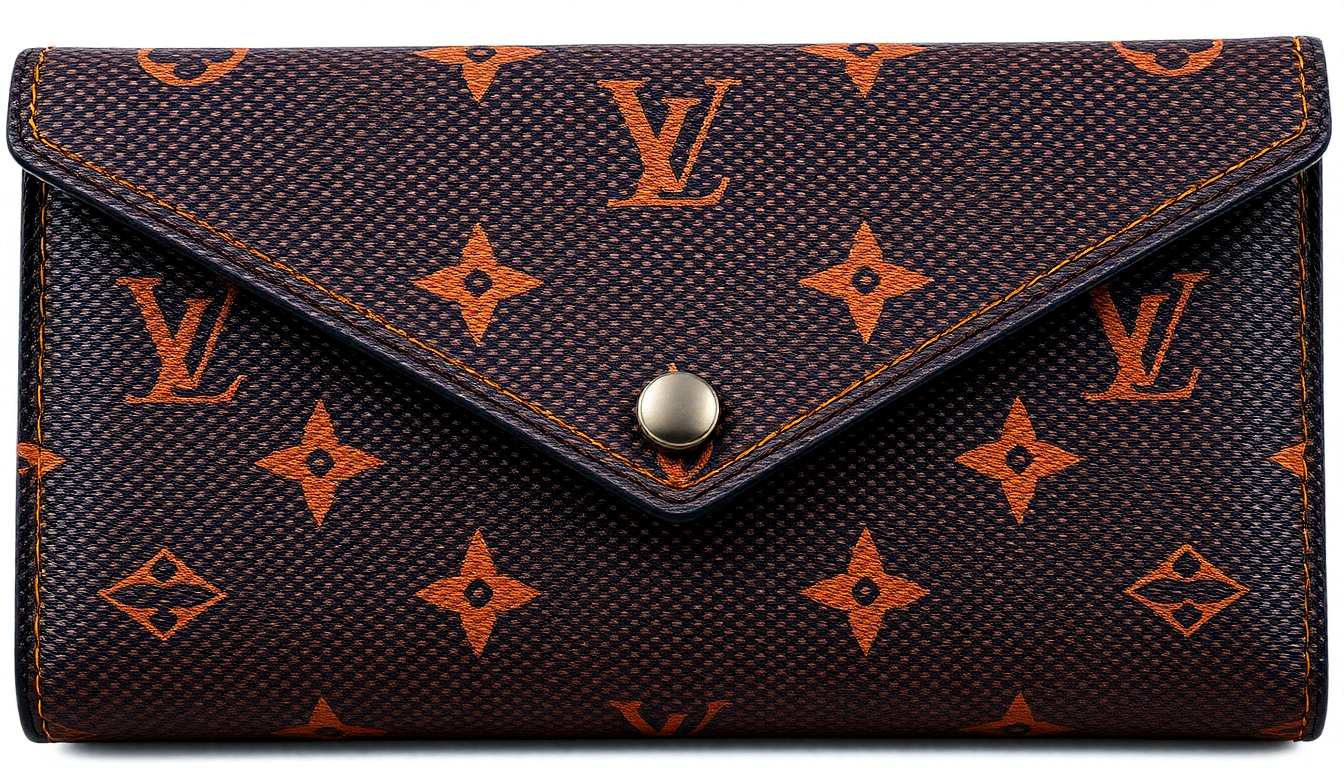 루이비통의 모노그램 캔버스와 봉투형 플랩 디자인을 가진 엔벨로프 카르트 드 비지트 지갑 실사 사진